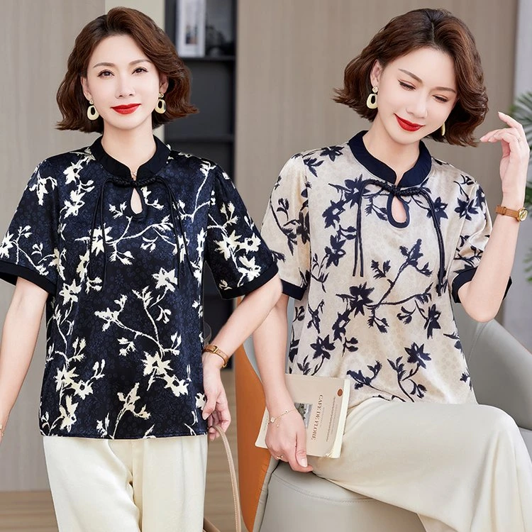 妈妈夏装雪纺立领衬衫上衣新中式国风盘扣中老年女T恤短袖打底薄