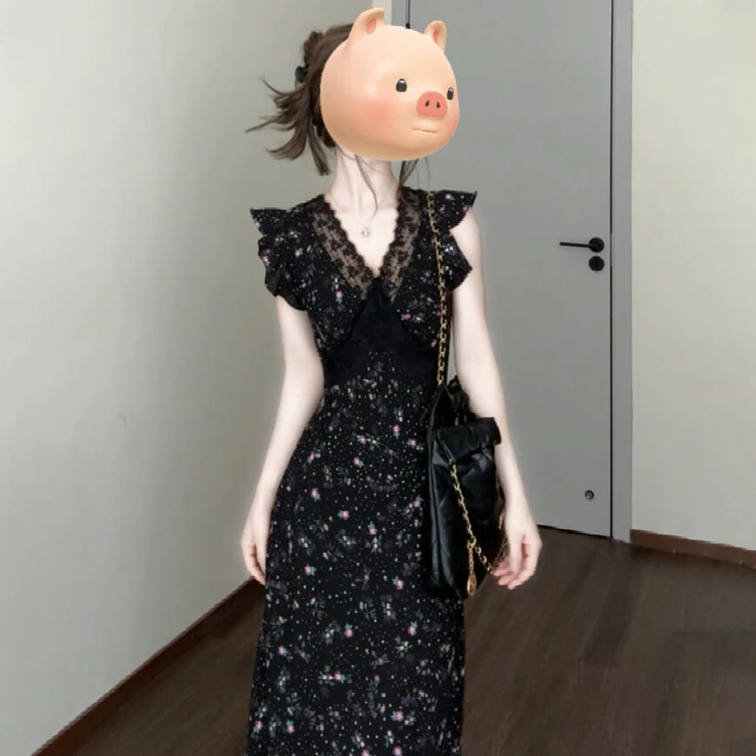 小飞袖黑色碎花连衣裙子女装2025夏季巨好看漂亮掐腰长裙爆款4070
