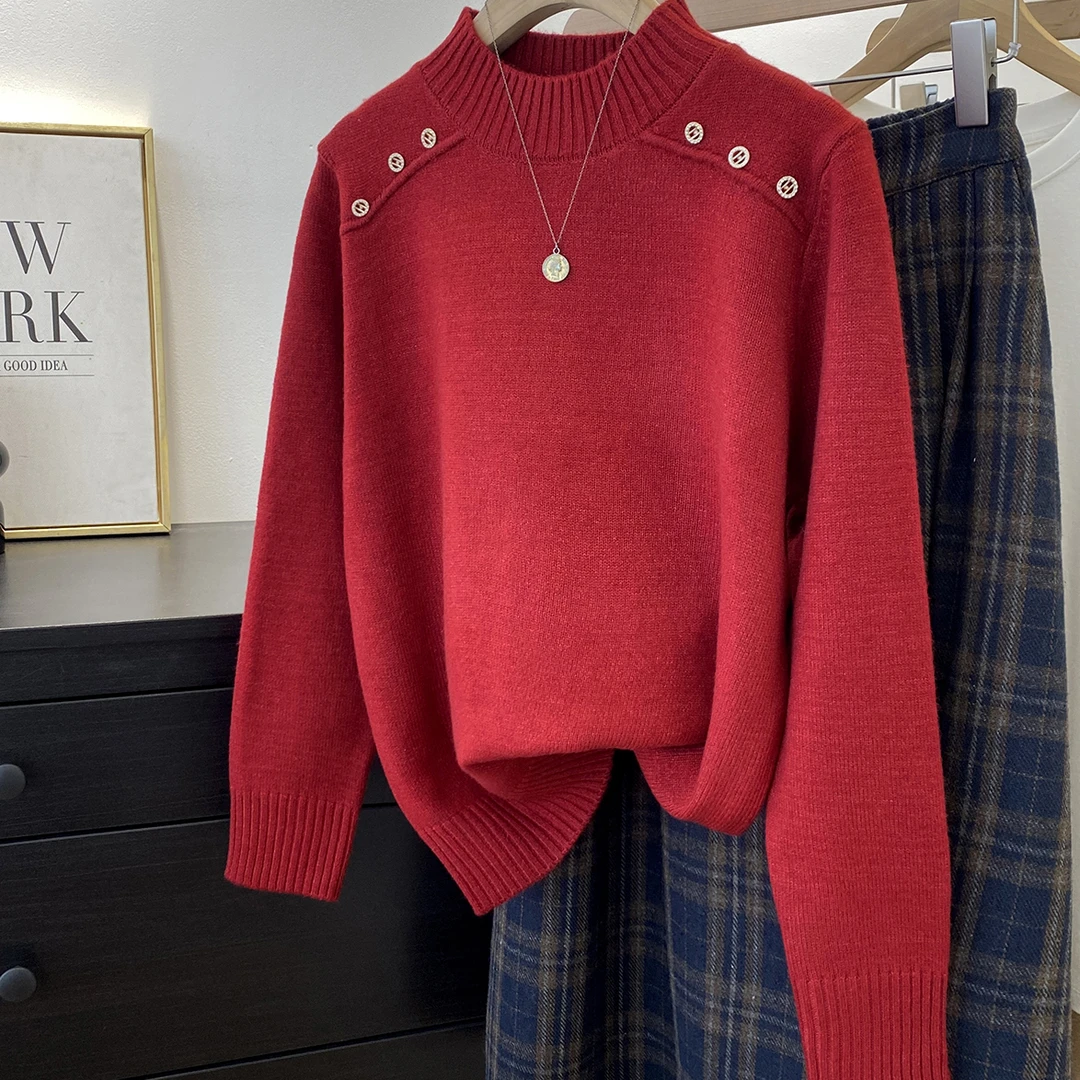 5075秋冬新款时尚半高领保暖毛衣外套针织衫内搭长袖打底衫上衣女