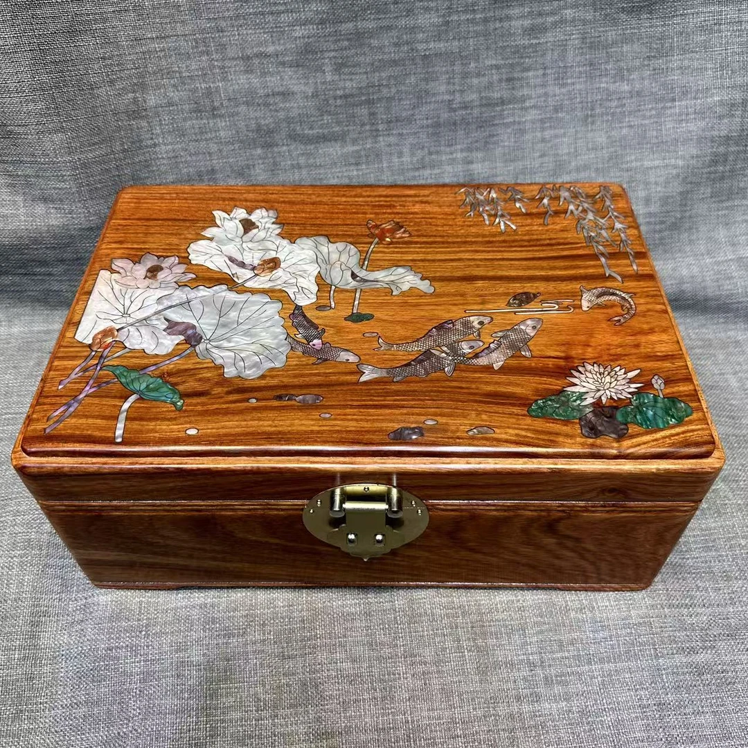 31cm缅花螺钿镶嵌鱼戏莲间设计首饰收纳盒传承箱首饰盒饰品盒高档