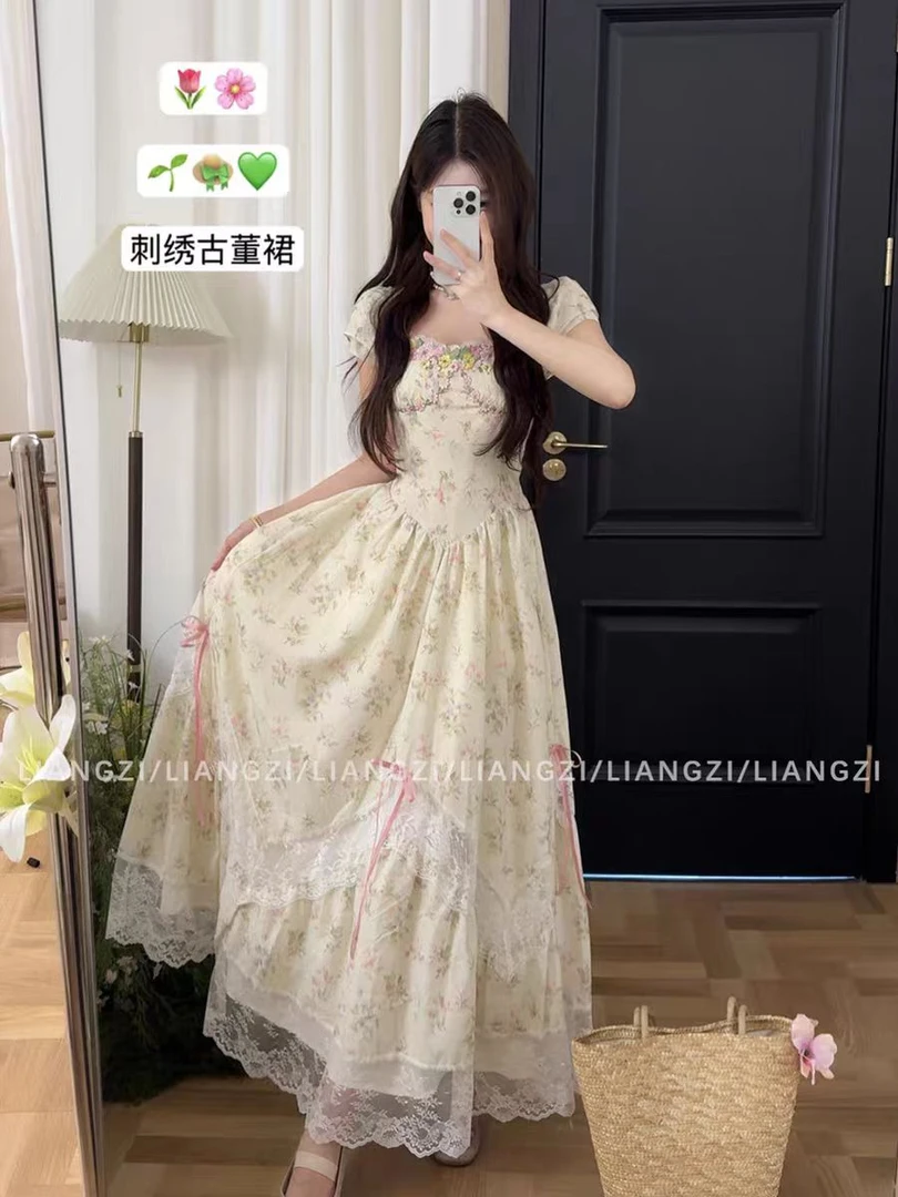 夏季【古董芭蕾】夏季法式田园风碎花短袖长裙收腰显瘦连衣裙