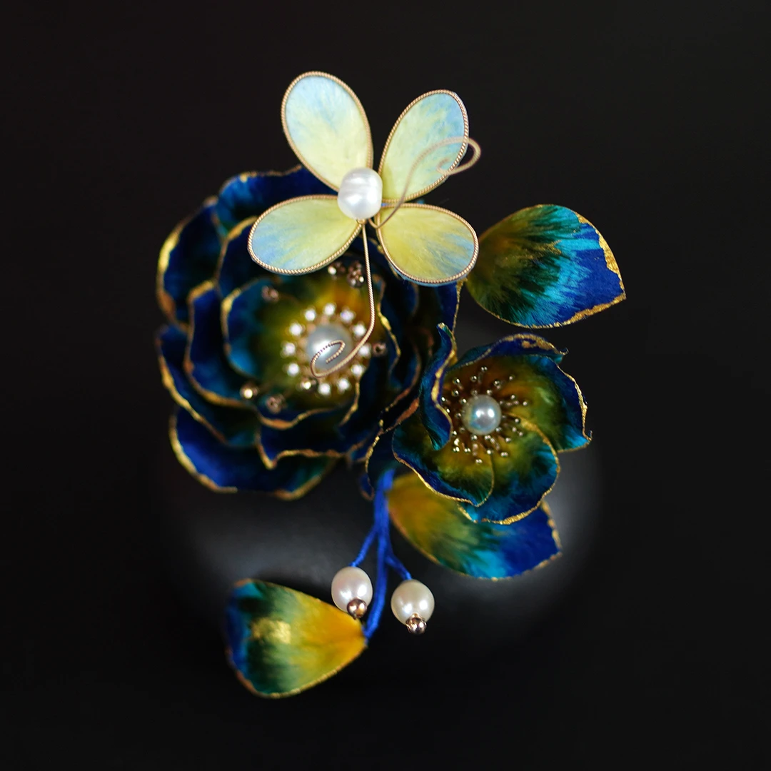 非遗绒花丨《碧烟凝华》 纯手工国风新中式绒花掐丝桑蚕丝线发夹