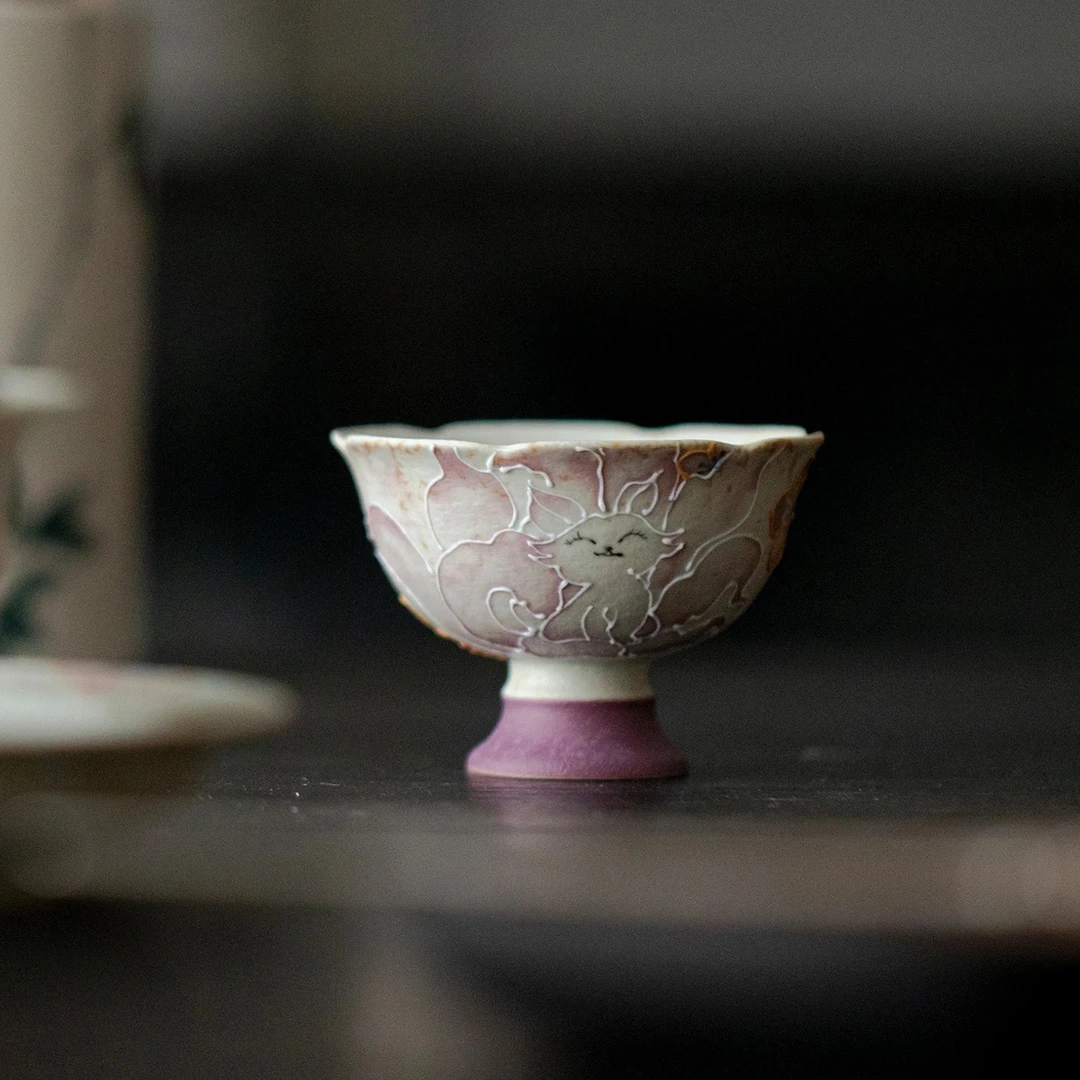 【焦糖釉九尾狐高足杯】陶瓷手绘女士精致主人杯