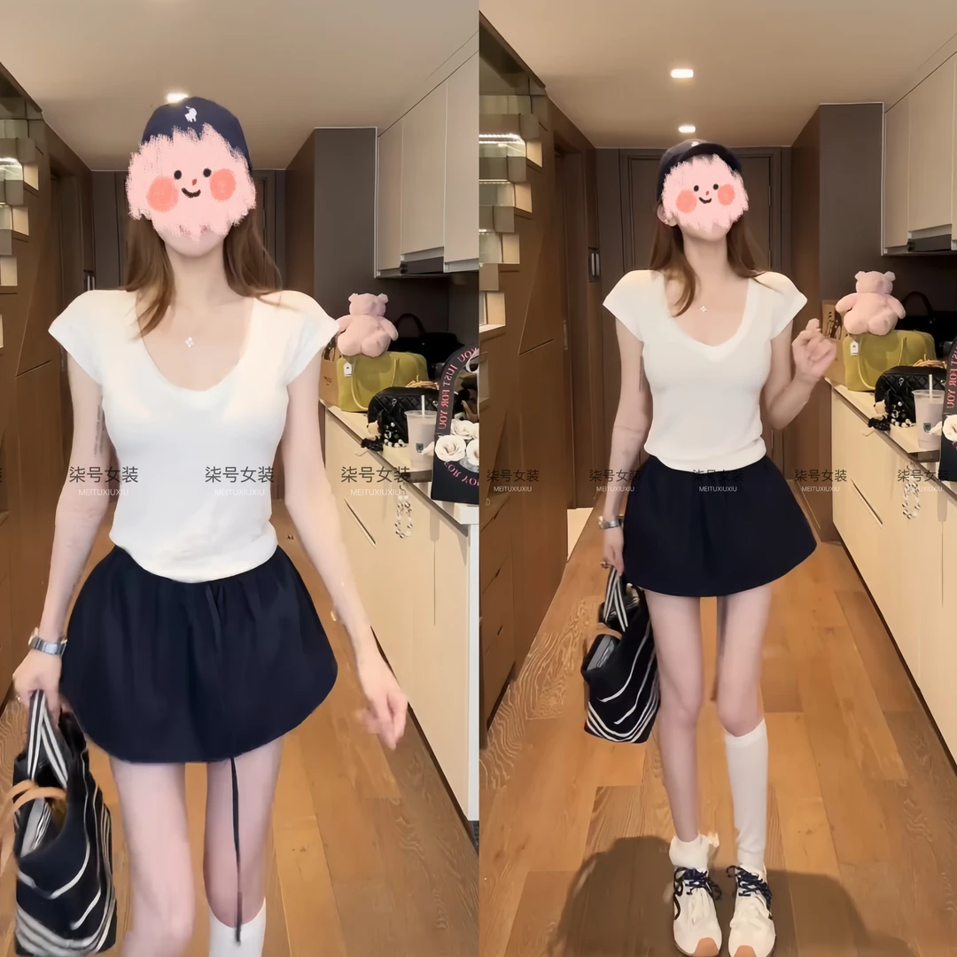 夏季时尚百搭V领显瘦短袖上衣+高腰假两件松紧腰半身短裙裤套装女