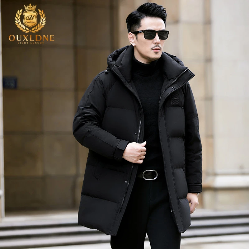 OUXLDNE 连帽羽绒服中长款男士商务休闲冬装加厚防寒保暖外套潮流