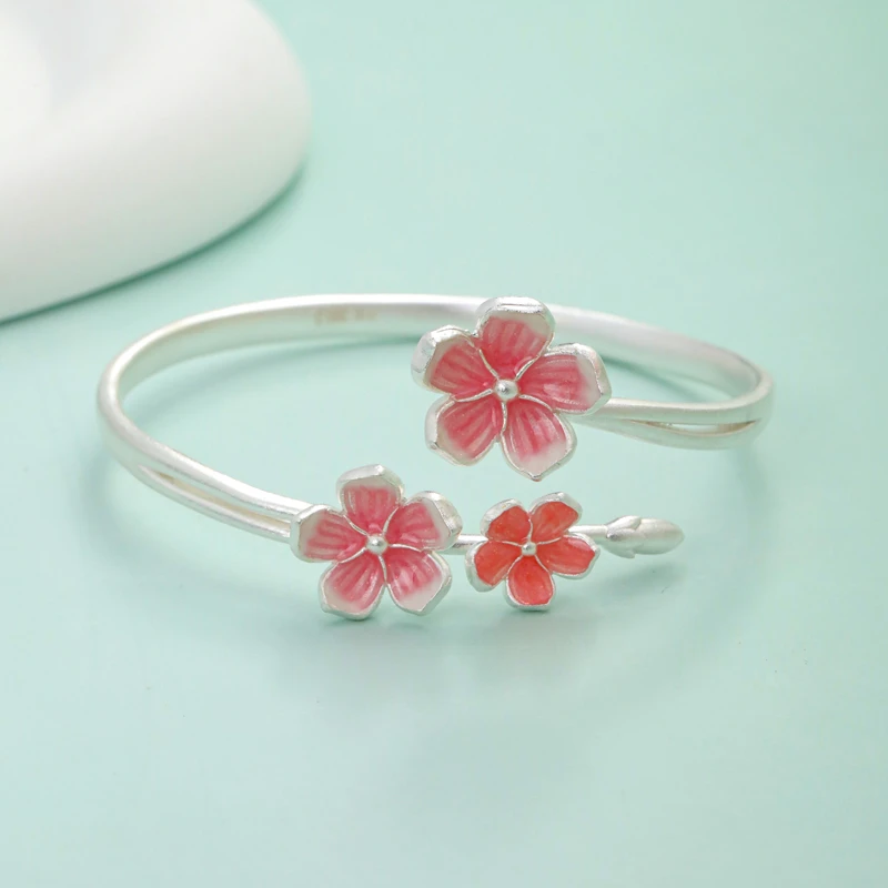 足银手镯 小银匠S999纯银首饰女新中式足银璨花手环配饰银手镯