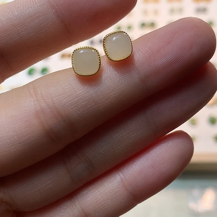 银S925镀金镶嵌和田玉（白玉）耳饰