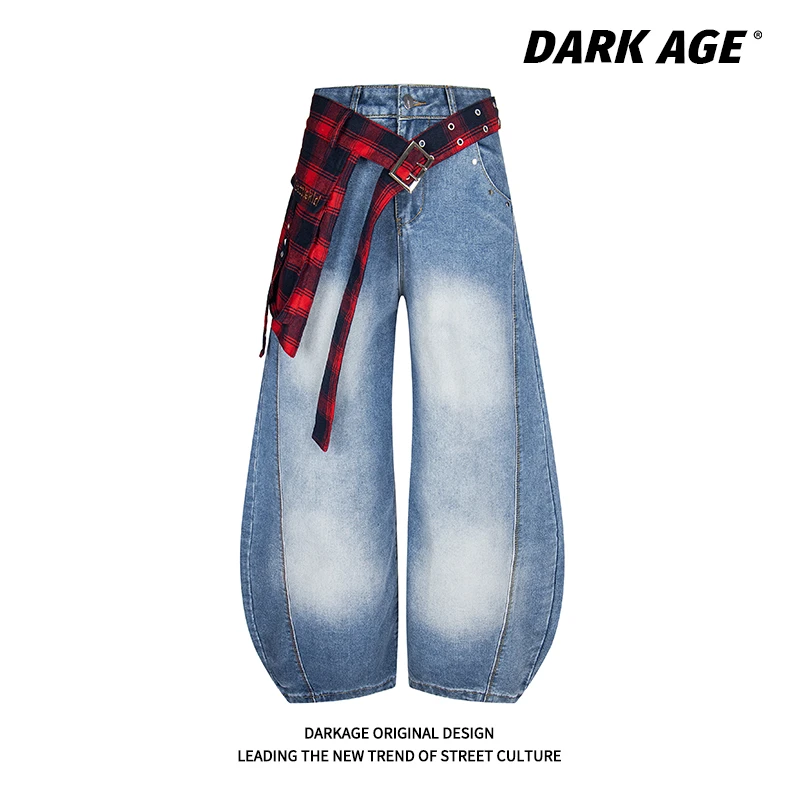 DARKAGE美式复古格子解构水洗牛仔裤男女cleanfit阔腿弯刀长裤
