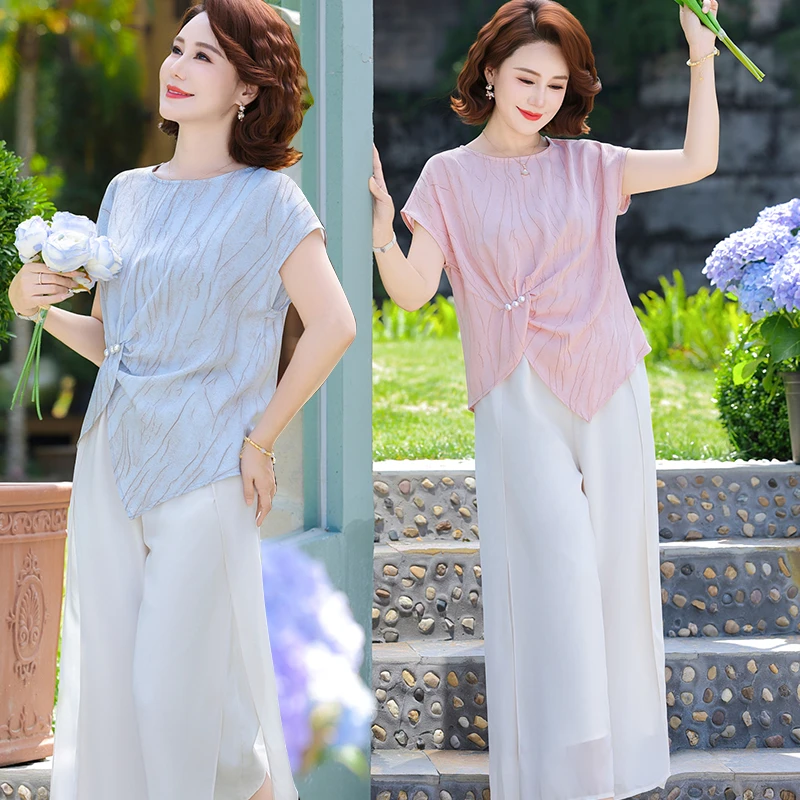 2025新款夏装套装洋气妈妈宽松小衫中老年雪纺两件套40岁50阔太太