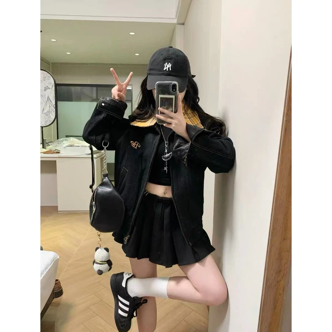 美式复古格子拼接牛仔外套男女款2025春秋新款设计高级感工装夹克