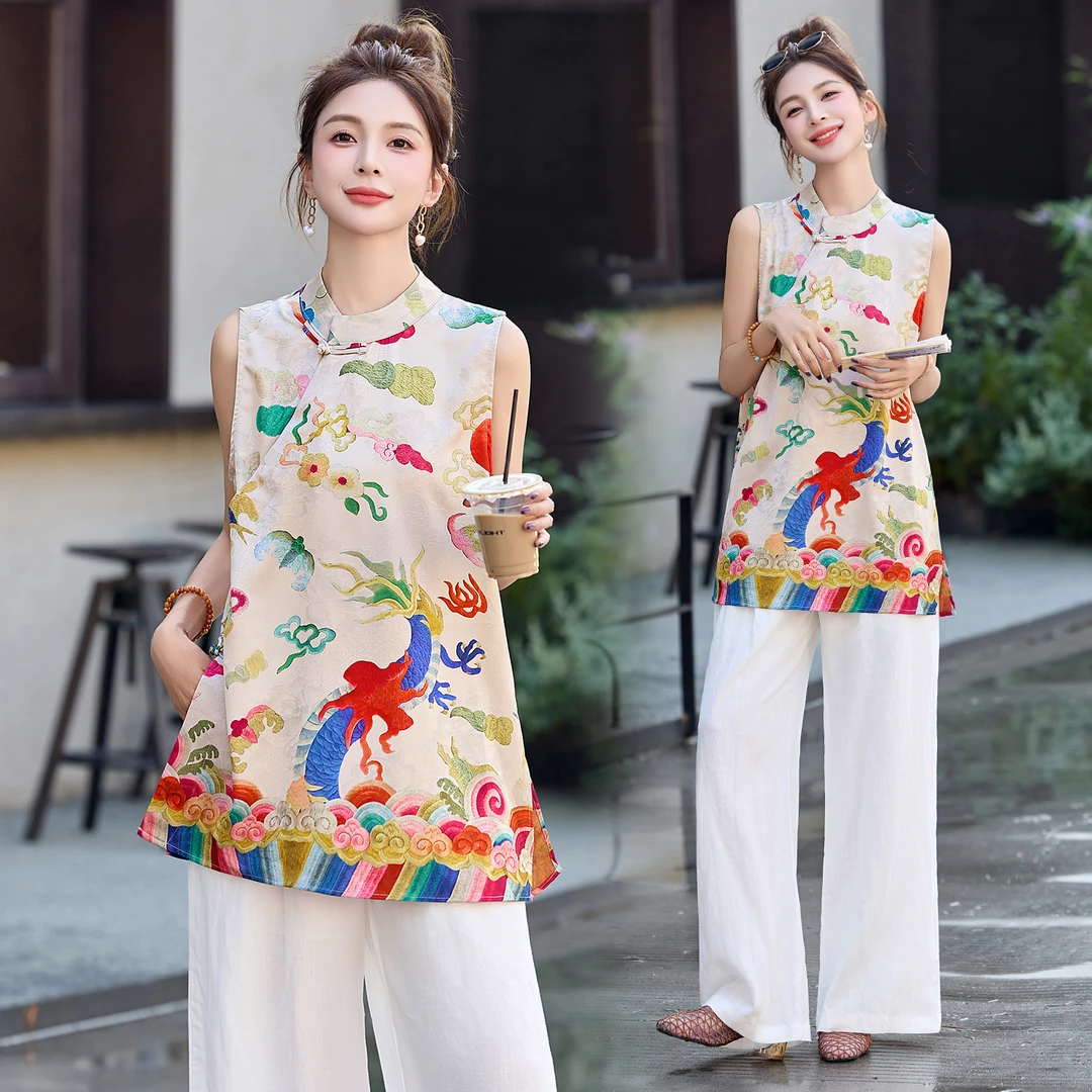新中式国风棉麻阔腿裤套装女2025夏季新款复古盘扣无袖上衣套装裤