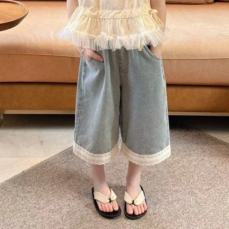 女童牛仔六分短裤夏季新款儿童洋气百搭裤子夏装小女孩花边七分裤