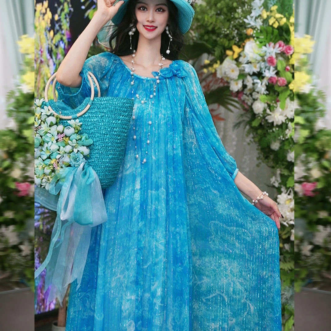 【夏至】夏季气质真丝印花舒适宽松时尚清凉女装大摆连衣裙241D198