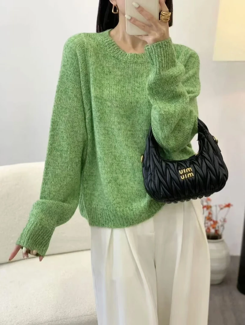 慵懒风秋冬毛衣圆领绿色复古温柔气质高级感宽松针织衫9479