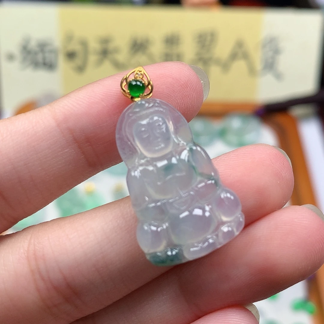 翡翠裸石18K金镶嵌缅甸天然A货翡翠冰种观音
