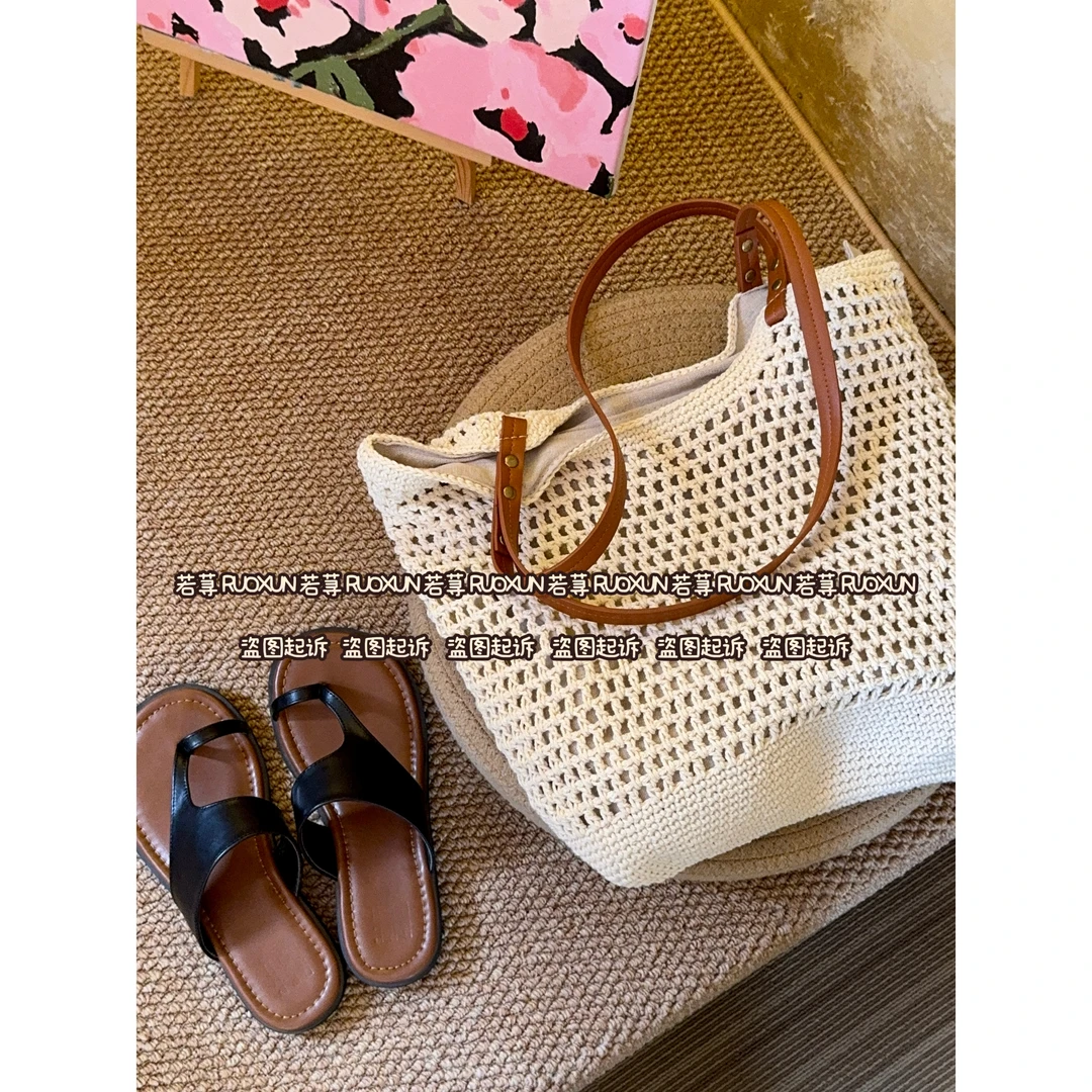 RUOXUN/定制升级版ins度假风草编镂空单肩包大容量沙滩棉线编织包