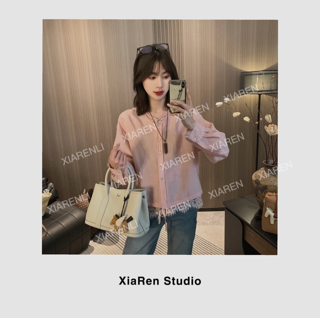 XIAREN【蕾丝拼接假两件小衫】独特漂亮的衬衫休闲百搭显气质小衫