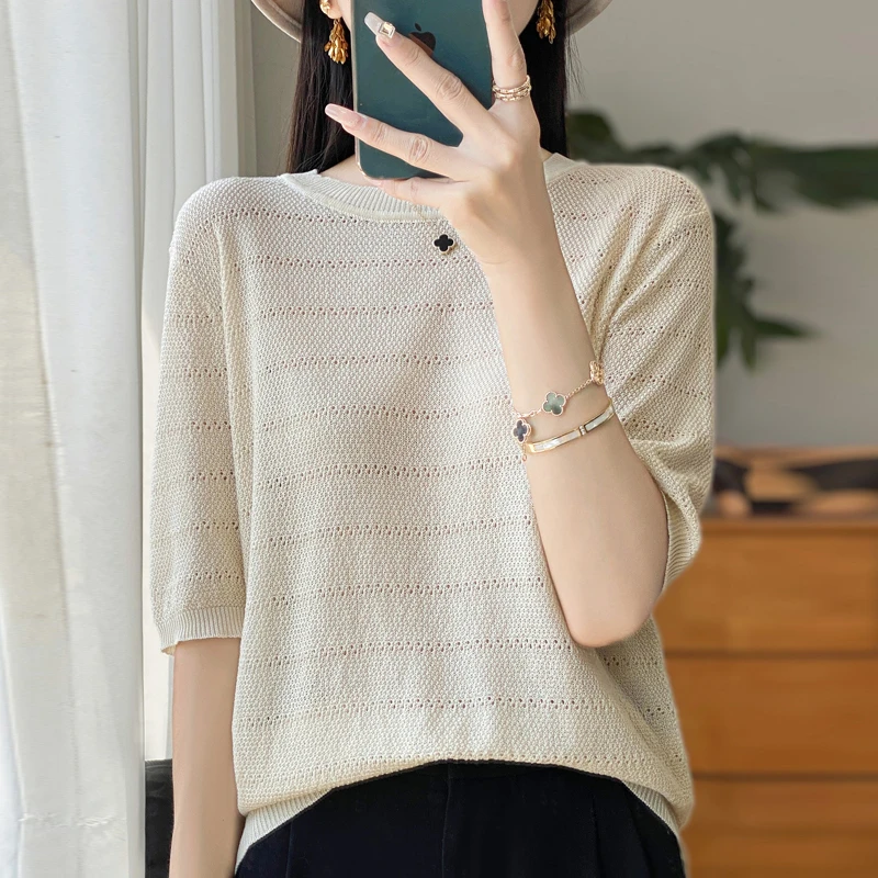 【A532】天丝圆领横纹镂空短袖