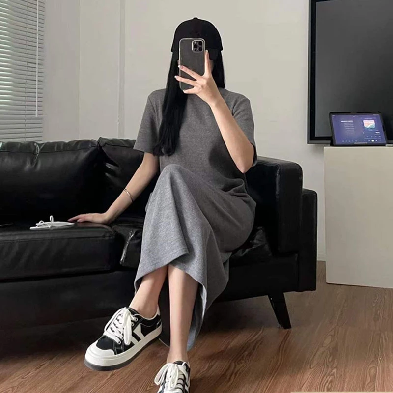 衣兮华夫格短袖T恤连衣裙 圆领新款休闲简约直筒气质中长款裙子