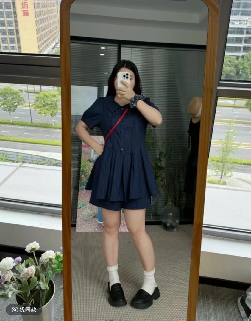 学院风泡泡袖衬衫连衣裙胖MM法式气质收腰甜美连衣裙