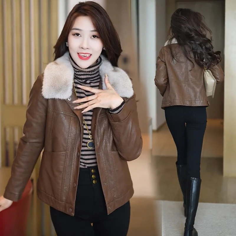 加绒皮衣女短外套冬2025年秋冬季新款高级感大毛领新款潮牌女装