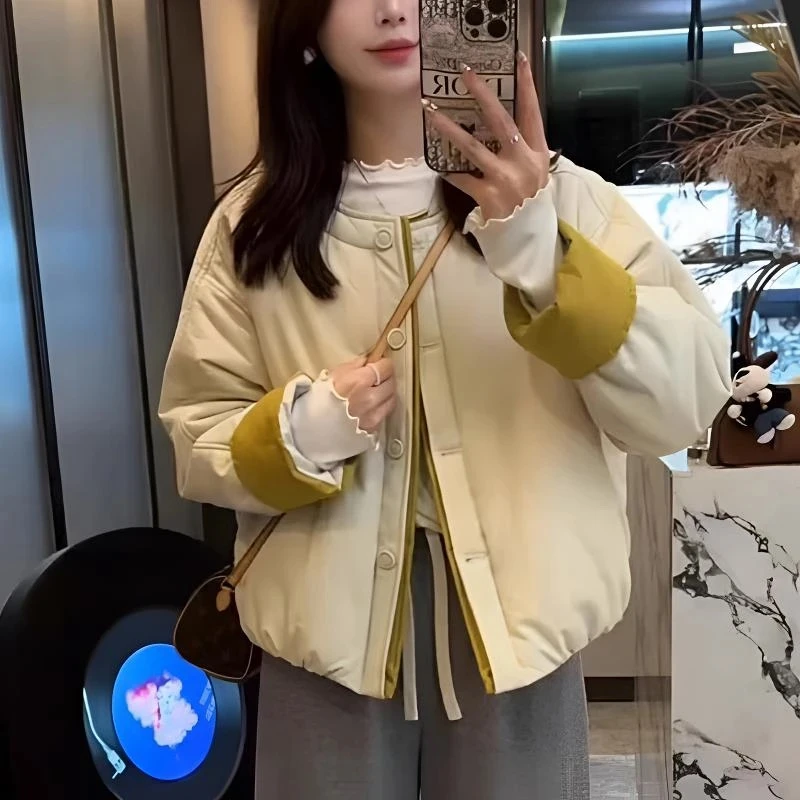 单排扣圆领棉服外套女2025秋冬款复古休闲风袖口撞色拼接夹棉棉袄