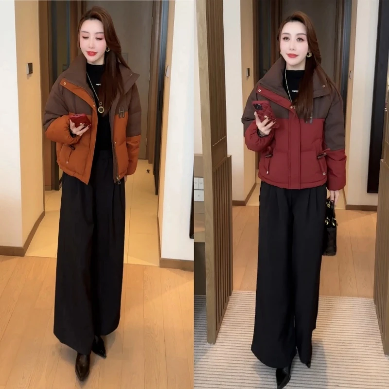 现货 保暖加厚棉服外套2024冬季新款时尚显瘦格子拼色棉袄百搭