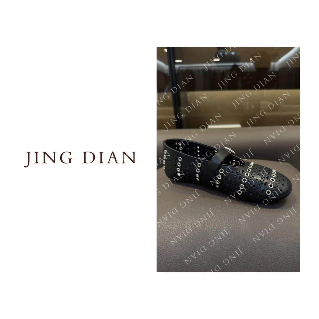 【JD】定制款黑色浅口镂空真皮洞洞时尚单靴