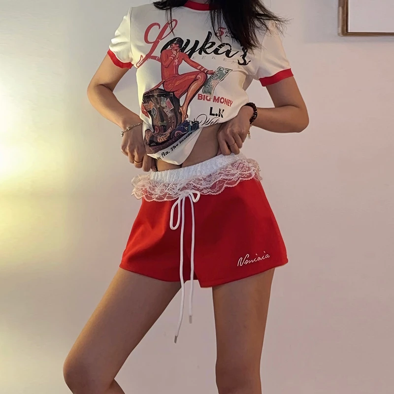 DoubleD美式辣妹低腰刺绣蕾丝花边休闲短裤女夏设计感松紧运动裤