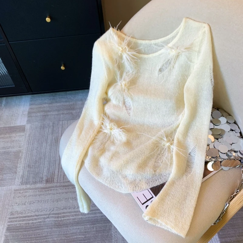 固质钉珠花朵针织衫女2025夏季款设计感小众破洞镂空防晒长袖上衣