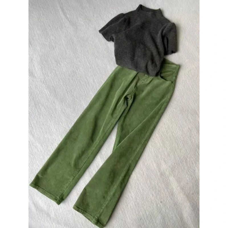 2025早春新款韩系穿搭半高领针织衫设计感复古绿色灯芯绒裤子套装