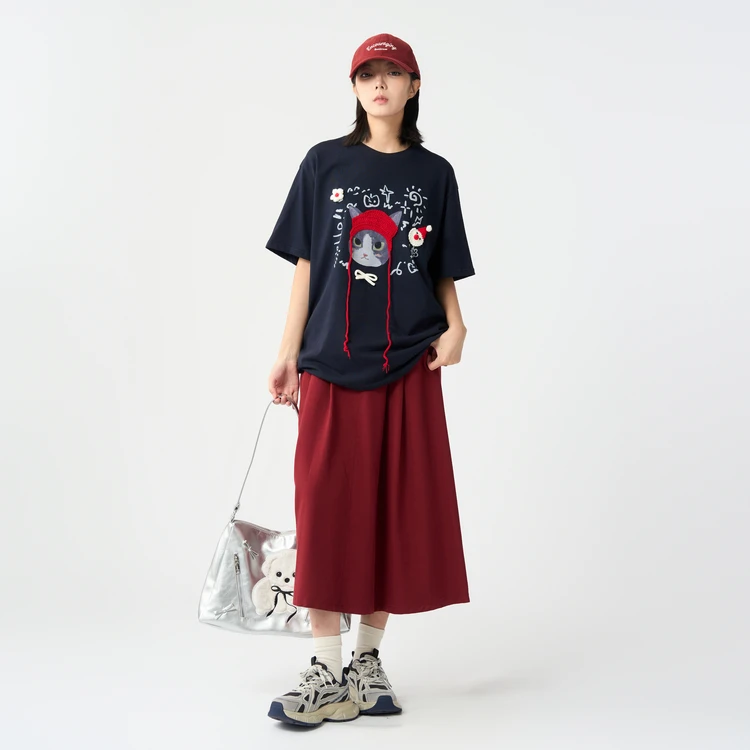 西町村屋萌趣休闲T恤女2025秋季新款宽松百搭短袖上衣XHAC10448