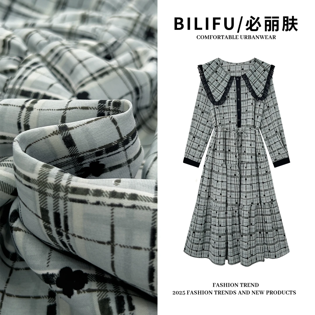 BILIFU/必丽肤 春夏新款复古翻领碎花长袖连衣裙通勤百搭长裙6686