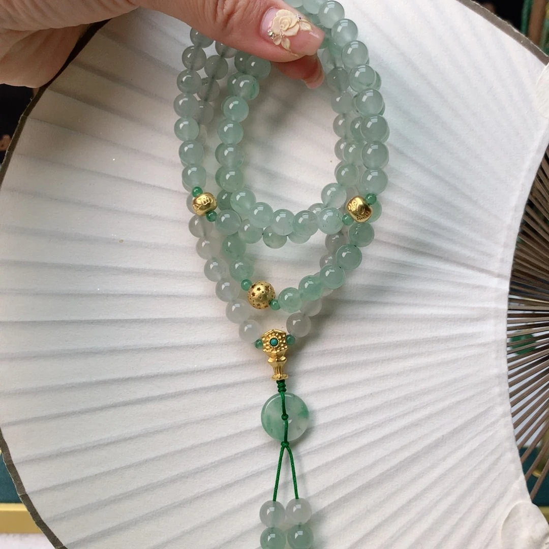 石英质玉（非洲翠）银S925镀金镶嵌冰飘花108珠链