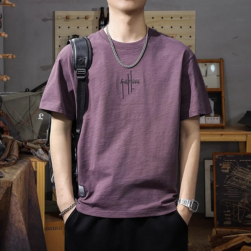 潮龛夏季新款重磅竹节棉短袖t恤男宽松休闲圆领上衣潮牌半袖体恤