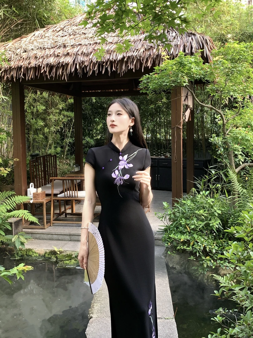 序安CHEN新中式国风【紫鸢】黑色气质改良旗袍连衣裙显瘦刺绣长裙夏