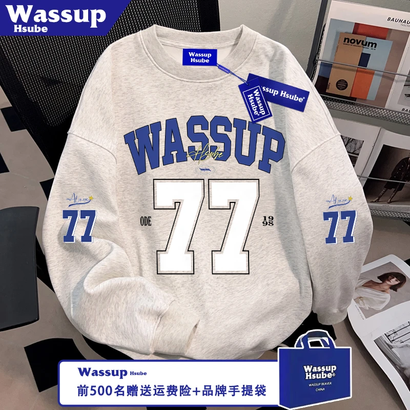 WASSUP HSUBE秋冬季男女白灰色重磅加绒上衣数字英文印花保暖卫衣