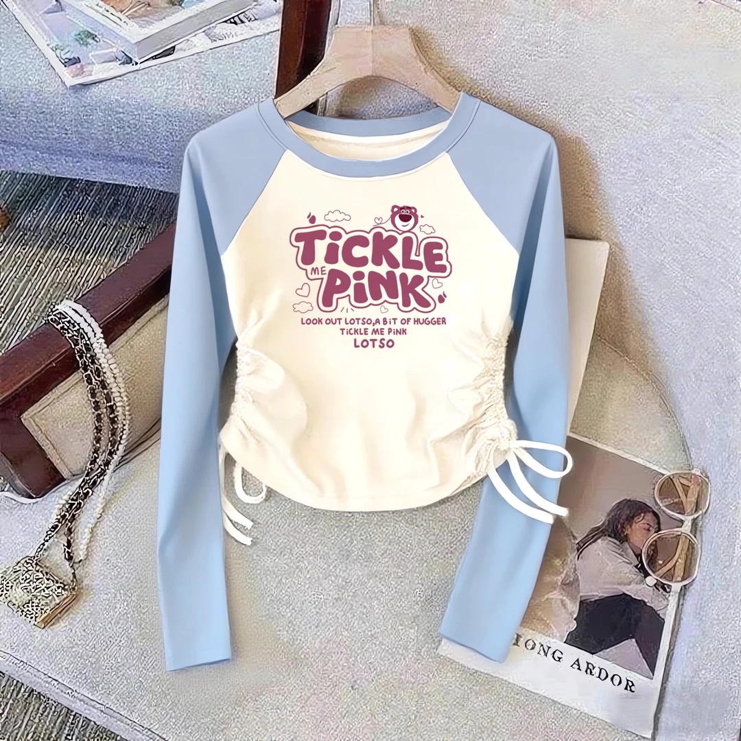 2025新款女童秋装插肩长袖T恤抽绳上衣服春秋内搭打底衫洋气时髦