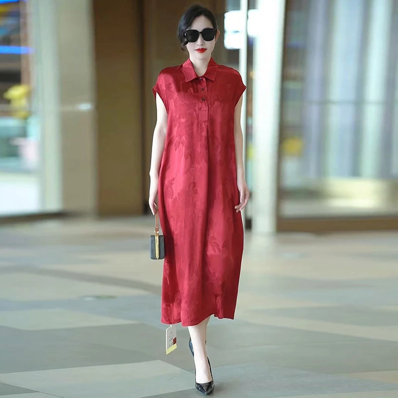 夏季爆款翻领减龄穿搭御姐高级感醋酸真丝提花大码200斤连衣裙