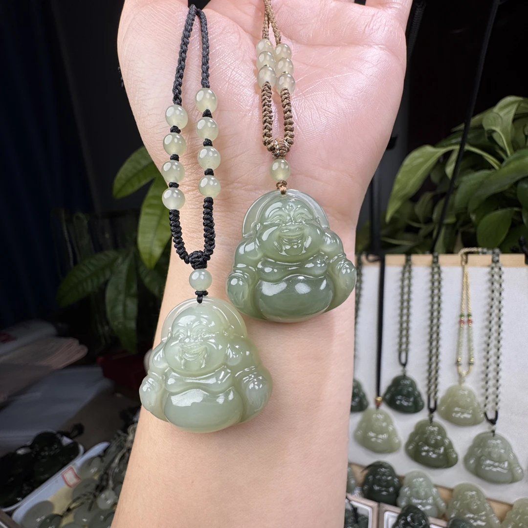【高品质】30mm天然和田玉佛公玉坠女款冰底晴绿色弥勒佛吊坠配珠绳