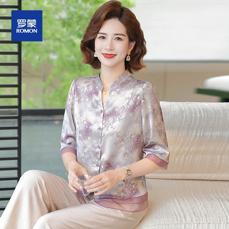 妈妈夏装套装新中式国风小衫洋气冰丝短袖上衣中老年女夏季两件套