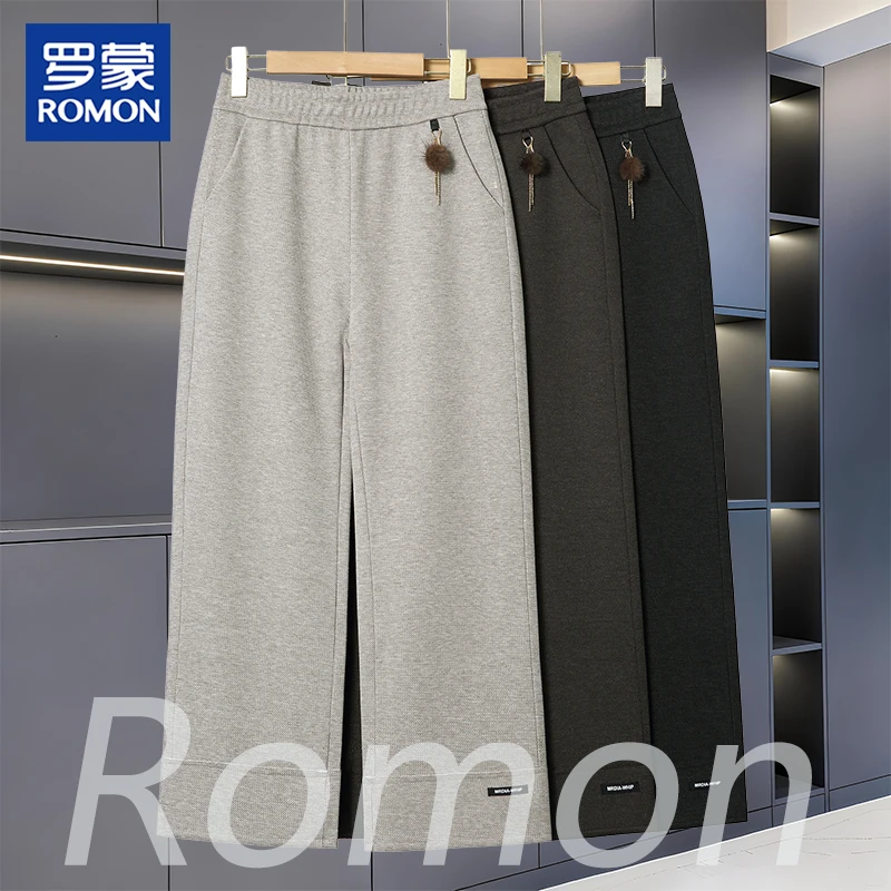 罗蒙妈妈秋装休闲百搭裤子中老年女时尚阔腿裤新款秋季纯色高腰裤