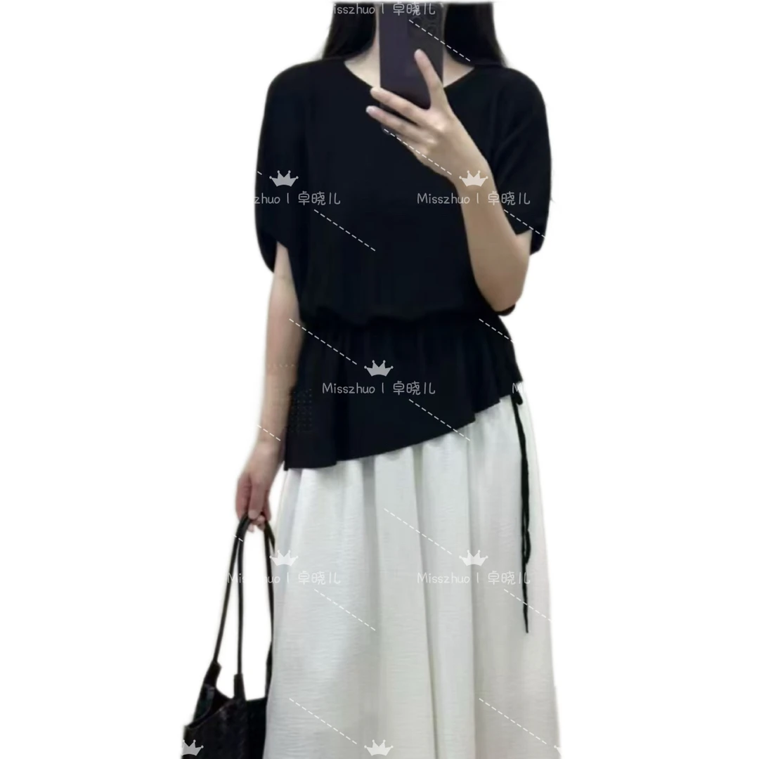 Miss zhuo｜卓晓儿 针织收腰抽绳短袖T恤大码微胖圆领夏天时尚女