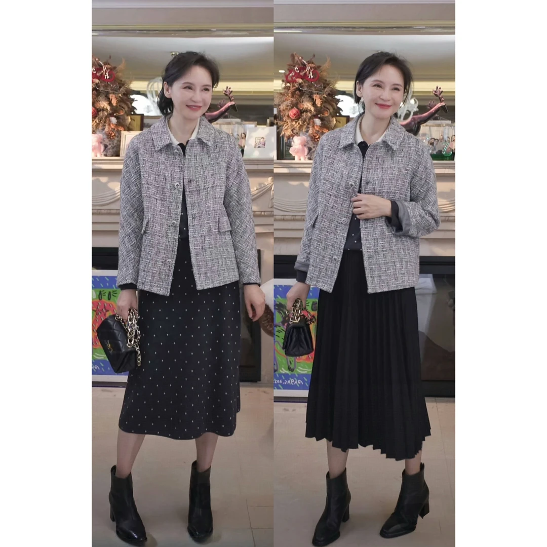 我是摩羯黑标Newlook 绵羊毛新疆长绒棉小香风粗花呢秋季长袖外套