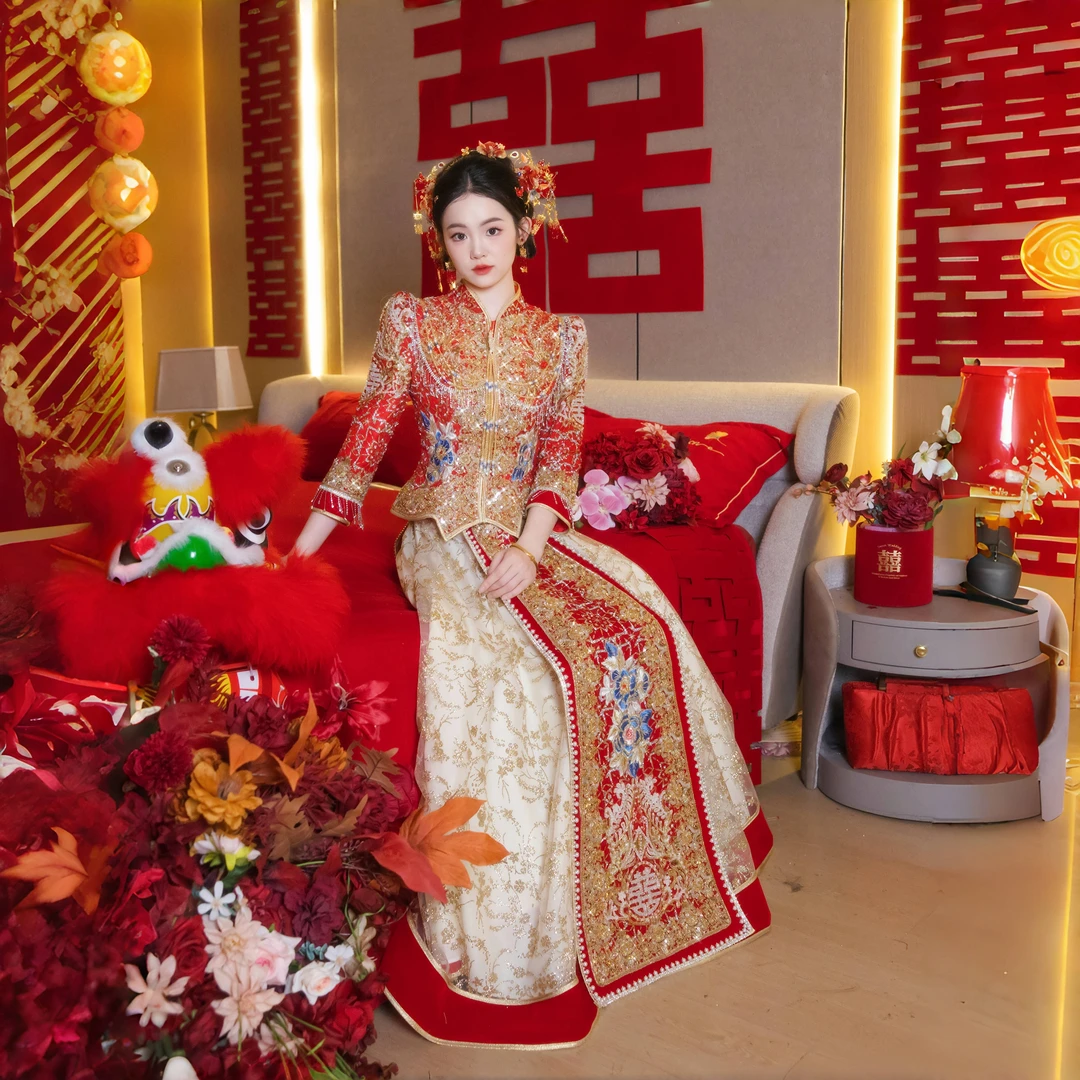 香槟金秀禾服婚服新款新娘服装结婚中式重工嫁衣出门显瘦敬酒服