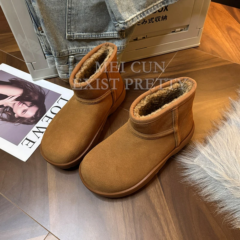 【MC】磨砂牛皮雪地靴女款冬季加绒加厚羊皮毛一体休闲保暖雪地棉靴