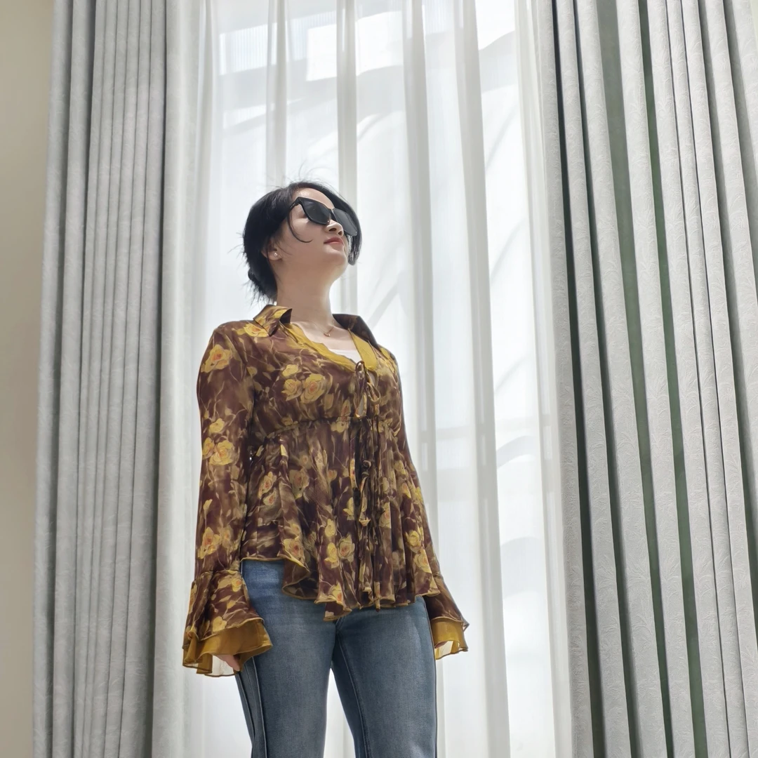 拼色荷叶长袖衬衫气质显瘦设计修身百搭