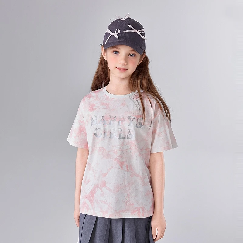 DEESHA/笛莎女童25年夏新款中童女孩扎染印花圆领T恤-7M2521201