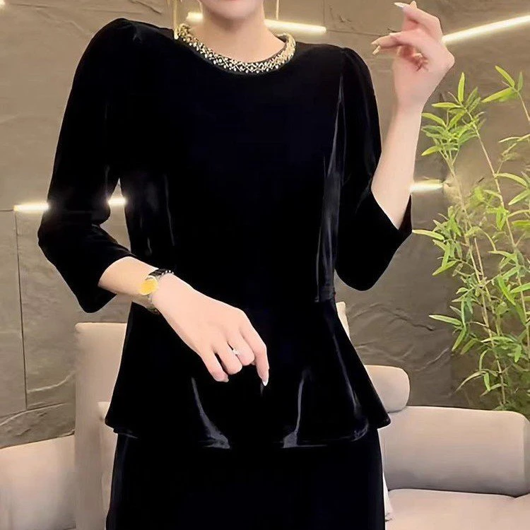 法式气质圆领重工钉珠丝绒长袖衬衣女宽松2025秋冬新款高级感上衣