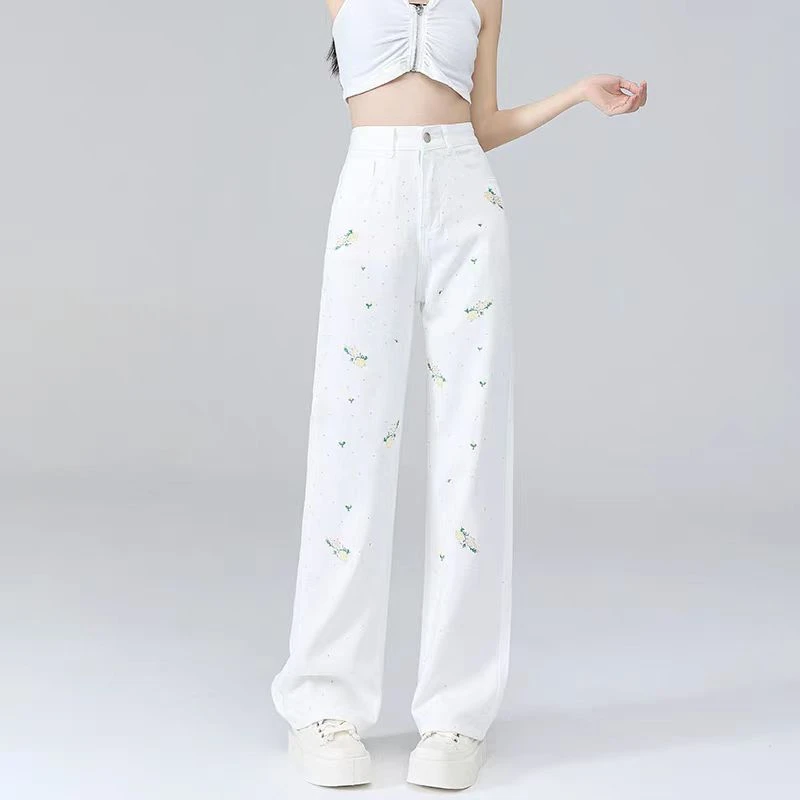 春夏烫钻绣花白色高腰显瘦直筒长裤T038